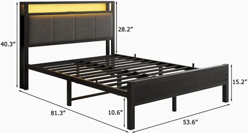 Vista 2 de Base de cama de tamaño matrimonial con estantes de almacenamiento, cabecera tapizada, color gris LED Lights Charging Station,Heavy Duty Metal Bed