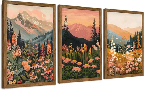 Vista 16 de WRFON Lienzo botánico y de flores, arte enmarcado de pared de paisaje de montaña, juego de 3, impresión en lienzo de prado de flores silvestres