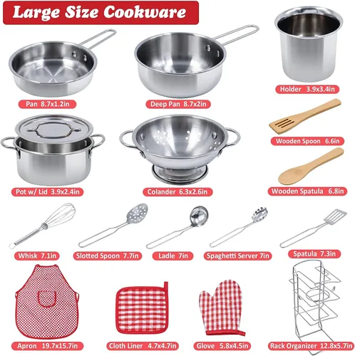 Vista 2 de Juego de accesorios de cocina para niños, juego de 32 artículos de ollas y sartenes de acero inoxidable con organizador de estante, utensilios