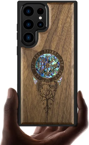 Vista 7 de Carveit Funda de madera de diseñador para Samsung Galaxy S23 Ultra (grabado en madera e incrustaciones de carcasa) compatible con cargadores