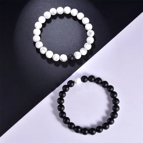 Vista 5 de ZC LI JEWELRY Pulsera de piedra natural con cuentas de ágata negra mate para él y ella