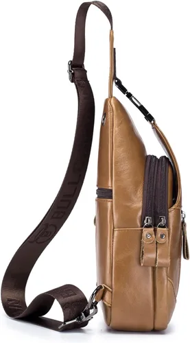 Vista 4 de Hebetag Bolso bandolera de cuero casual para hombres y mujeres, para viajes al aire libre, senderismo, campamento, hombro, pecho