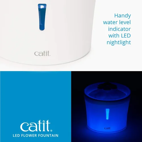 Vista 3 de Catit Fuente de flores LED con filtro de triple acción, fuente de agua potable para gatos, 3 L