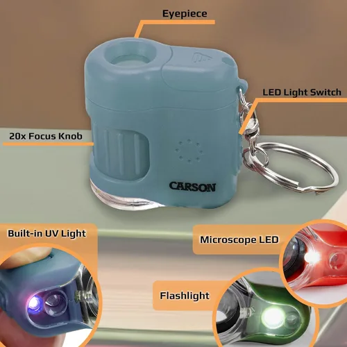 Vista 2 de Carson MicroMini 20x Microscopio de bolsillo para adultos, linterna UV y LED, azul (MM-280B) Linterna integrada con luz UV y LED - Herramienta