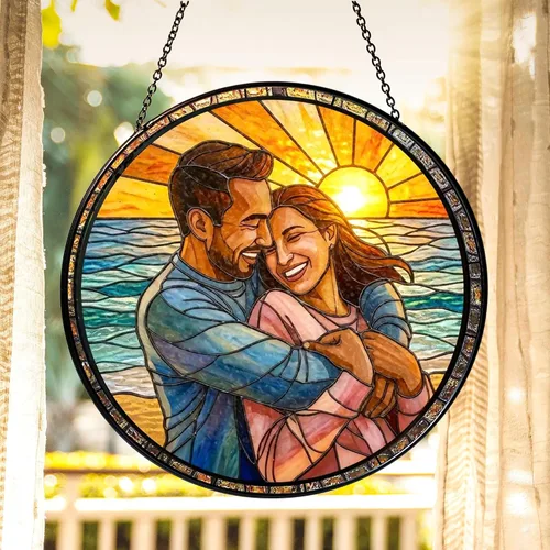 Vista 2 de Foto personalizada para parejas con vitrales sintéticos, retrato de fotos de cuople para colgar en ventana, regalo para ella y él, regalo de foto