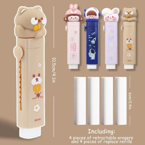 Vista 2 de Borrador de goma retráctil con diseño de pata de gato, 4 piezas con 4 repuestos, borrador deslizante para niños y estudiantes, suministros escolares