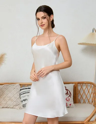 Vista 4 de THXSILK Camisón de seda para mujer, 100% real 19 Momme seda morera ropa de dormir cuello redondo tirantes espagueti camisón camisón