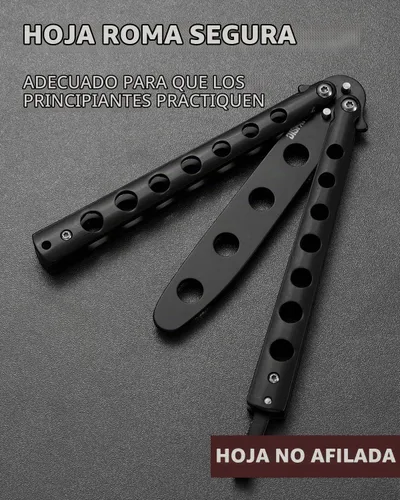 Vista 5 de Dispatch Cuchillo mariposa de entrenamiento Balisong sin afilar con hoja de acero inoxidable, mango 3Cr13 negro (con recortes) y traba