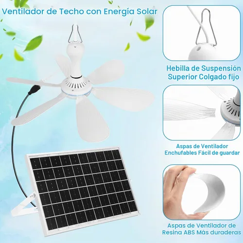 Vista 3 de Tujoe 1 juego de ventilador de techo solar de 16.5 pulgadas, panel solar monocristalino de 15 W, ventilador de techo colgante USB con control