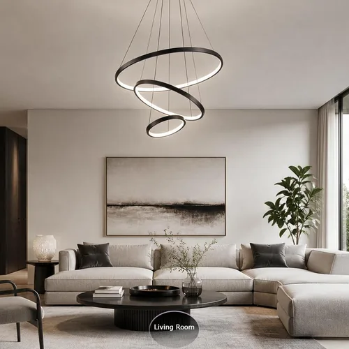 Vista 2 de LightInTheBox Lámpara colgante de 3 anillos para sala de estar, comedor, luz de techo moderna, diseño de círculo, 20+40+23.6 in, color = negro