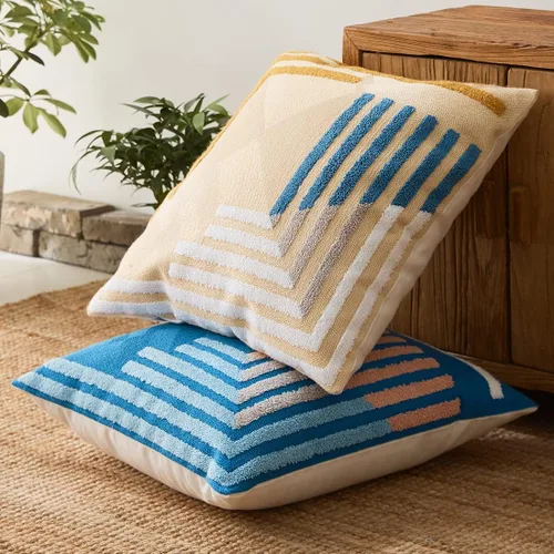 Vista 7 de vctops Funda decorativa para cojín con detalles de penachos geométricos estilo bohemio, funda de almohada cuadrada bordada en algodón para sofá