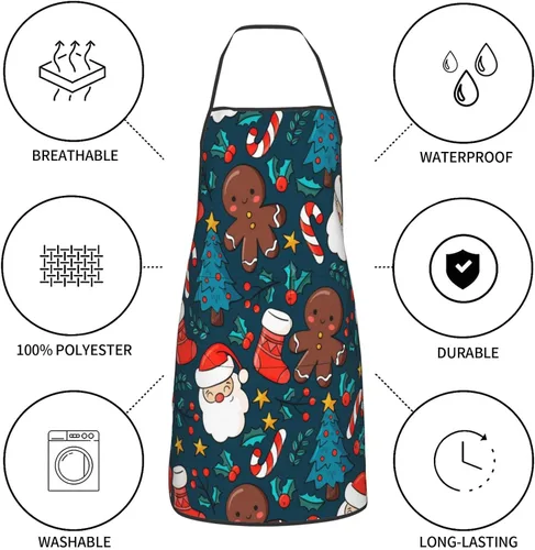 Vista 8 de Delantal de chef con patrón de decoración de árbol de Navidad con bolsillo, ajustable, salpicaduras, resistente a la grasa para cocina, cocina