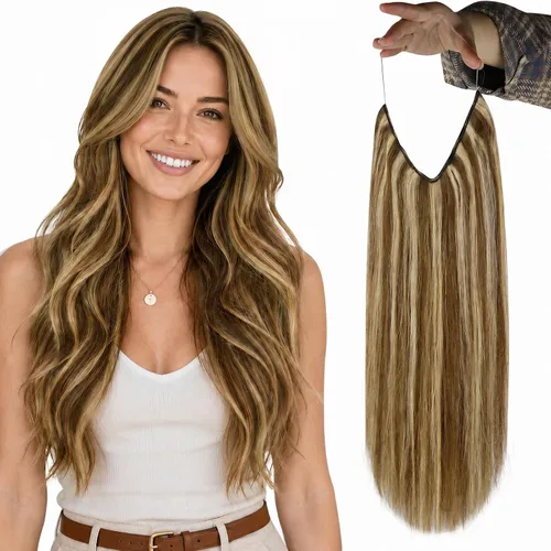 Vista 19 de Fshine - Extensiones de cabello con hilo invisible de 12 pulgadas, color rubio ceniza con reflejos de rubio decolorado, pieza de cabello humano real