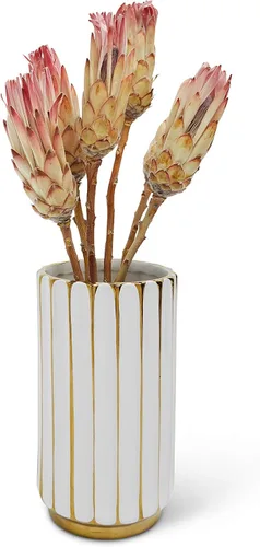 Vista 4 de Jarrón blanco y dorado, elegante decoración del hogar, florero de flores, centro de mesa de cocina, crestas geométricas, parte inferior biselada