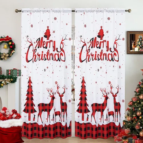 Vista 10 de Cortinas navideñas para sala de estar, cortina de ciervo de Navidad a rayas tartán, bolsillo para barra, cortinas decorativas para dormitorio