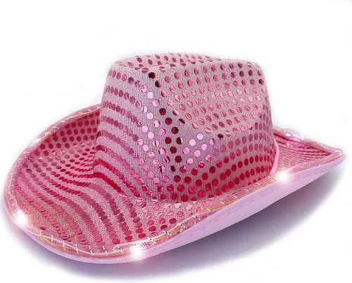 Vista 11 de Sombrero de vaquero con lentejuelas LED para fiesta de fiesta intermitente, fiesta de baile para cumpleaños, boda, festival, Halloween