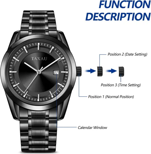 Vista 7 de Taxau Reloj minimalista para hombre, reloj de cuarzo de acero inoxidable para hombre con fecha, reloj clásico de cara grande impermeable para hombre