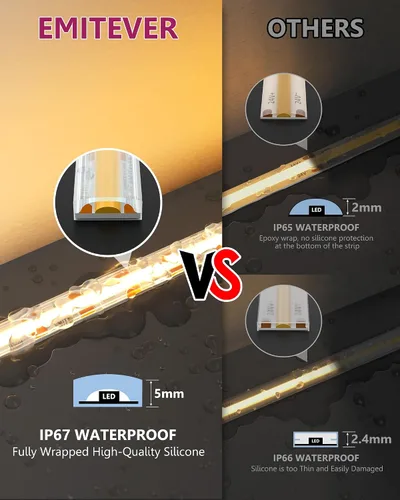 Vista 2 de EMITEVER COB - Tira de luces LED impermeable IP67, 2700 K, blanco cálido, para exteriores, 24 V, cinta LED de silicona regulable, iluminación
