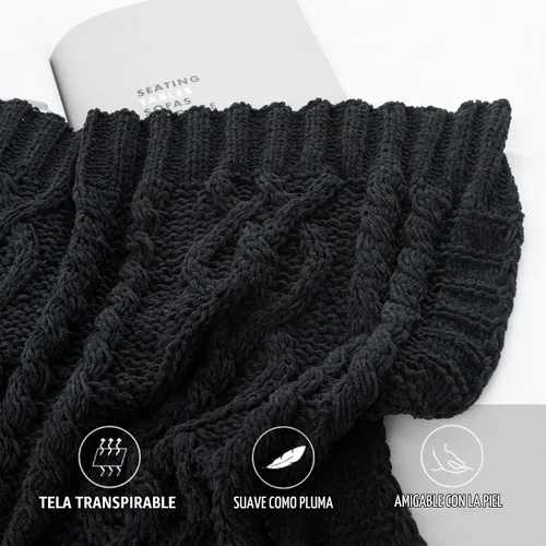 Vista 9 de Battilo Manta Negra para Sofá, Manta de Punto Cable para Cama, Silla, Decoración del Hogar, Manta de Chenilla Tejida Suave y Acogedora, Manta Negro