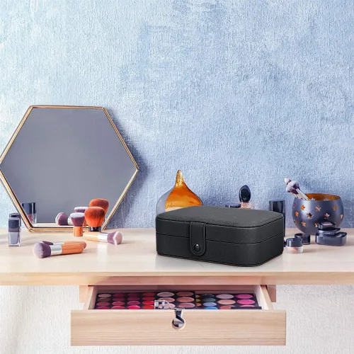 Vista 6 de FEISCON Joyero pequeño organizador de almacenamiento para collares, anillos, mini joyero, organizador de joyas de viaje de doble capa para mujeres