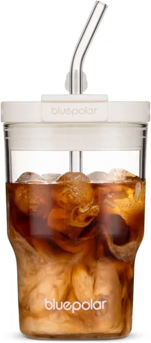 Vista 9 de BLUEPOLAR Vasos de vidrio con tapas y popotes, vasos reutilizables de 16 onzas para café helado y botellas de jugo, vasos de preparación fría
