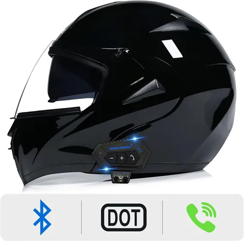 Vista 2 de Casco modular Bluetooth para motocicleta, aprobado por DOT, doble visera completa, abatible, Bluetooth, casco de motocicleta integrado para adultos