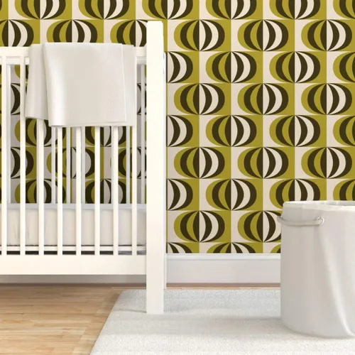 Vista 6 de Muestra de papel tapiz extraíble, rayas de mediados de siglo, color verde oliva, negro, blanco, círculos geométricos modernos de mediados de siglo