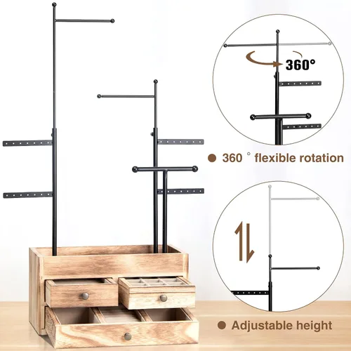 Vista 2 de Lavievert Torre organizadora de joyas con cajón de madera de doble capa caja de almacenamiento de 7 niveles soporte para joyas para collares