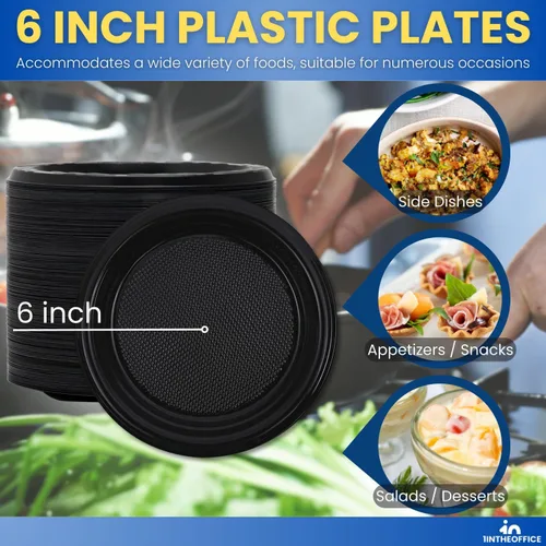 Vista 4 de Platos redondos de postre de plástico negro de 6 pulgadas, desechables, paquete de 125