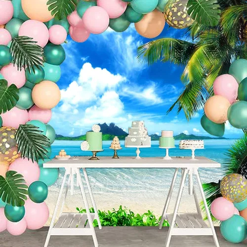 Vista 3 de Fondo de Fotografía Tropical Hawaiano Playa Palmera Cielo Azul y Nubes Blancas Decoración de Fiesta de Boda Telón de Fondo de Fotografía 5x3 pies