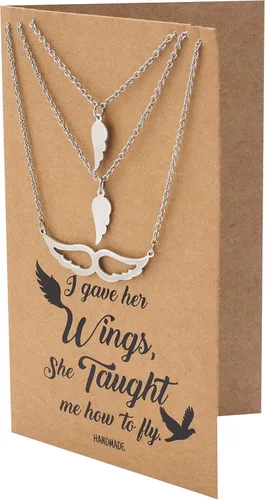 Vista 8 de quan jewelry Collar de ala de ángel, juego de 3 collares con dije, regalos para madre, hija, hermana con tarjeta de cita inspiradora, hecho a mano