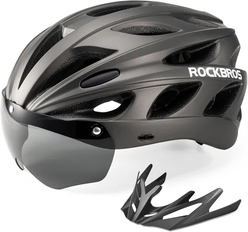Vista 12 de ROCKBROS - Casco de bicicleta para hombres y mujeres adultos con ajuste sugerido de 58-65cm, gafas magnéticas desmontables y visera solar, ligero