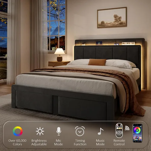 Vista 5 de Base de cama de tamaño matrimonial, cama de plataforma tapizada con 2 cajones de almacenamiento, cabecera de canal vertical de terciopelo con luces