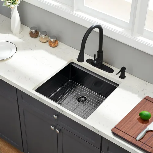 Vista 9 de Fregadero de cocina de montaje inferior, fregadero de cocina de 24 x 19 pulgadas, fregadero de cocina de acero inoxidable calibre 16, fregadero