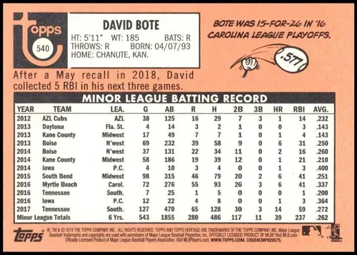 Vista 2 de 2018 Topps Heritage High Number Baseball #540 David Bote RC Rookie Chicago Cubs Official MLB Trading Card