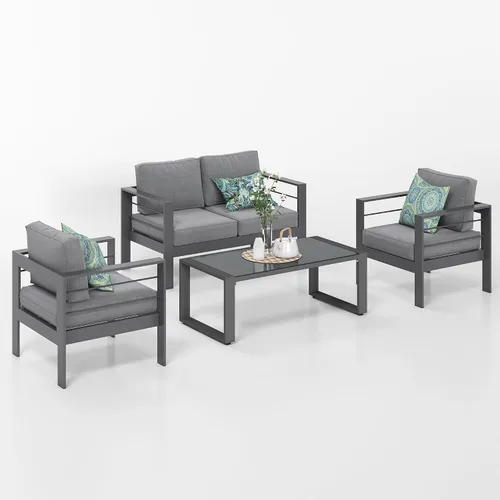 Vista 7 de Solaste Juego de muebles de aluminio para exteriores, juego de conversación de sofá seccional de 4 piezas con mesa de centro de vidrio templado
