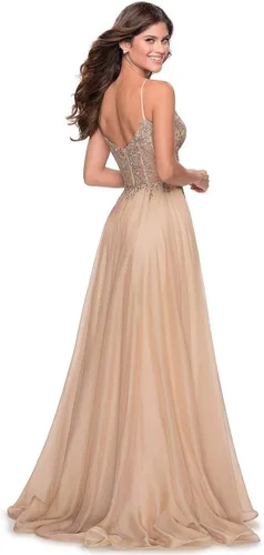 Vista 2 de Miao Duo Vestidos de fiesta de gasa con apliques de encaje para mujer, largos con abertura, tirantes delgados, cuello en V, vestidos de fiesta