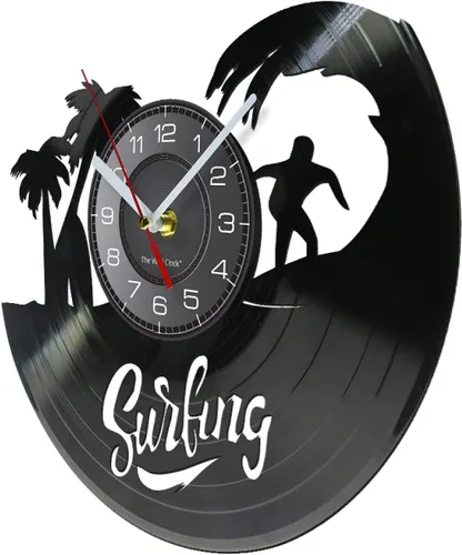 Vista 2 de Reloj de pared de disco de vinilo de 12 pulgadas, hecho de corte láser, tabla de surf, palma de coco, verano, deportes marinos, reloj de pared