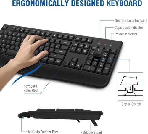 Vista 2 de EDJO Teclado inalámbrico, 2.4G ergonómico de tamaño completo, teclado inalámbrico de computadora con reposamuñecas para Windows, Mac