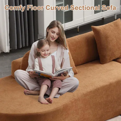Vista 4 de Sofá modular curvado de 130.5 pulgadas para sala de estar, sofá de espuma sin hueso de 4 plazas con 3 almohadas, sofás de compresión para Marrón