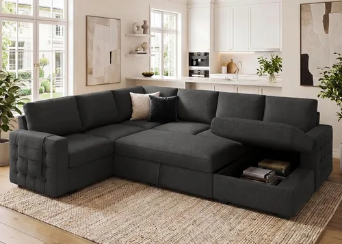 Vista 10 de HONBAY Sofá cama seccional con cama extraíble, sofá seccional en forma de U con diván de almacenamiento, sofá seccional de 6 plazas, terciopelo negro