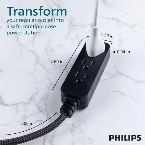 Vista 4 de Philips - Mini cable de extensión a tierra de 3 salidas, cable de extensión interior de 5 pulgadas Flat Plug Power Strip, Short Power Strip Flat
