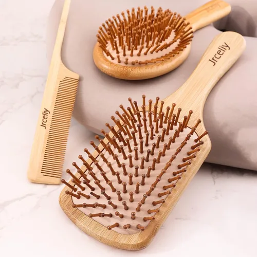 Vista 5 de Juego de 3 cepillos de pelo de bambú, cepillo de madera natural para mujeres, madam, cepillo desenredante de paleta para cabello seco, rizado