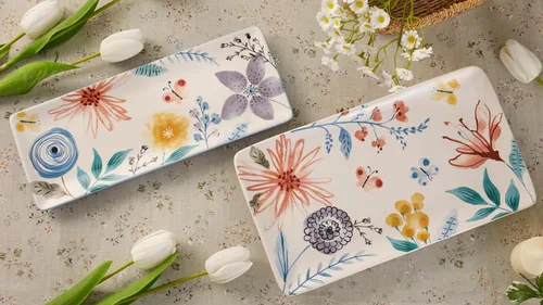 Vista 3 de Bico Blossom Symphony - Juego de 2 platos rectangulares de cerámica de 14 pulgadas, para servir ensalada, pasta, queso, jamón, aperitivo, microondas