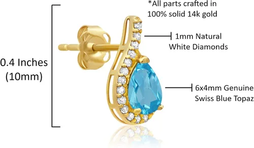 Vista 5 de 14k Yellow or White Gold Gemstone Pear Shape Drop Stud Earrings for Women with Teardrop Natural Diamonds and Push Backs 6mm x 4mm Birthstone by MAX