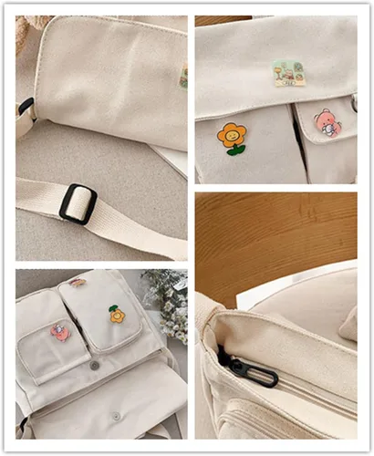 Vista 2 de Bolso cruzado de lona con pines Kawaii y colgante, multifunción, casual, lindo hombro mensajero bolsa de viaje para niñas adolescentes