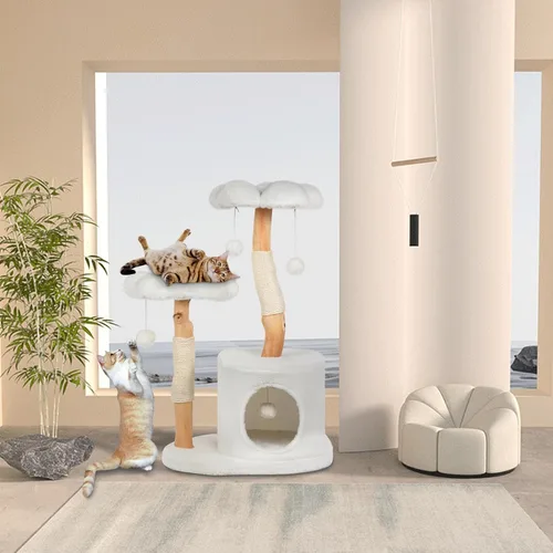 Vista 2 de Bonita torre de árbol para gatos de interior y adultos, árboles de madera con 6 pompones, moderna torre de árbol para gatos con poste rascador