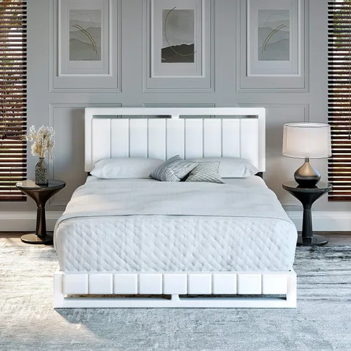 Vista 6 de Beaumont - Cama de plataforma tapizada con cabecero, base de colchón con 14 soportes de listones de madera, no requiere somier, piel sintética