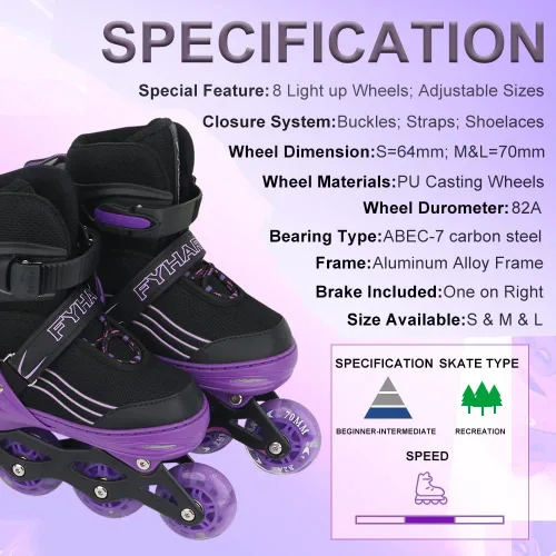 Vista 5 de Patines en línea ajustables para niños, niñas y niños, color morado y negro, todas las ruedas iluminan patines para niños principiantes al aire