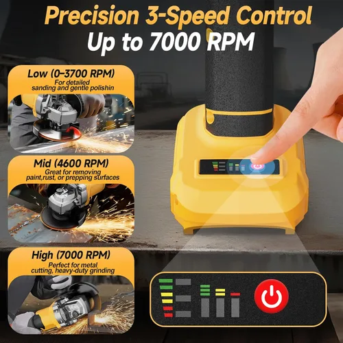 Vista 4 de Amoladora angular inalámbrica, amoladora eléctrica sin escobillas de 4-1/2 pulgadas, compatible con batería DeWalt de 20 V MAX, 3 velocidades, 7000